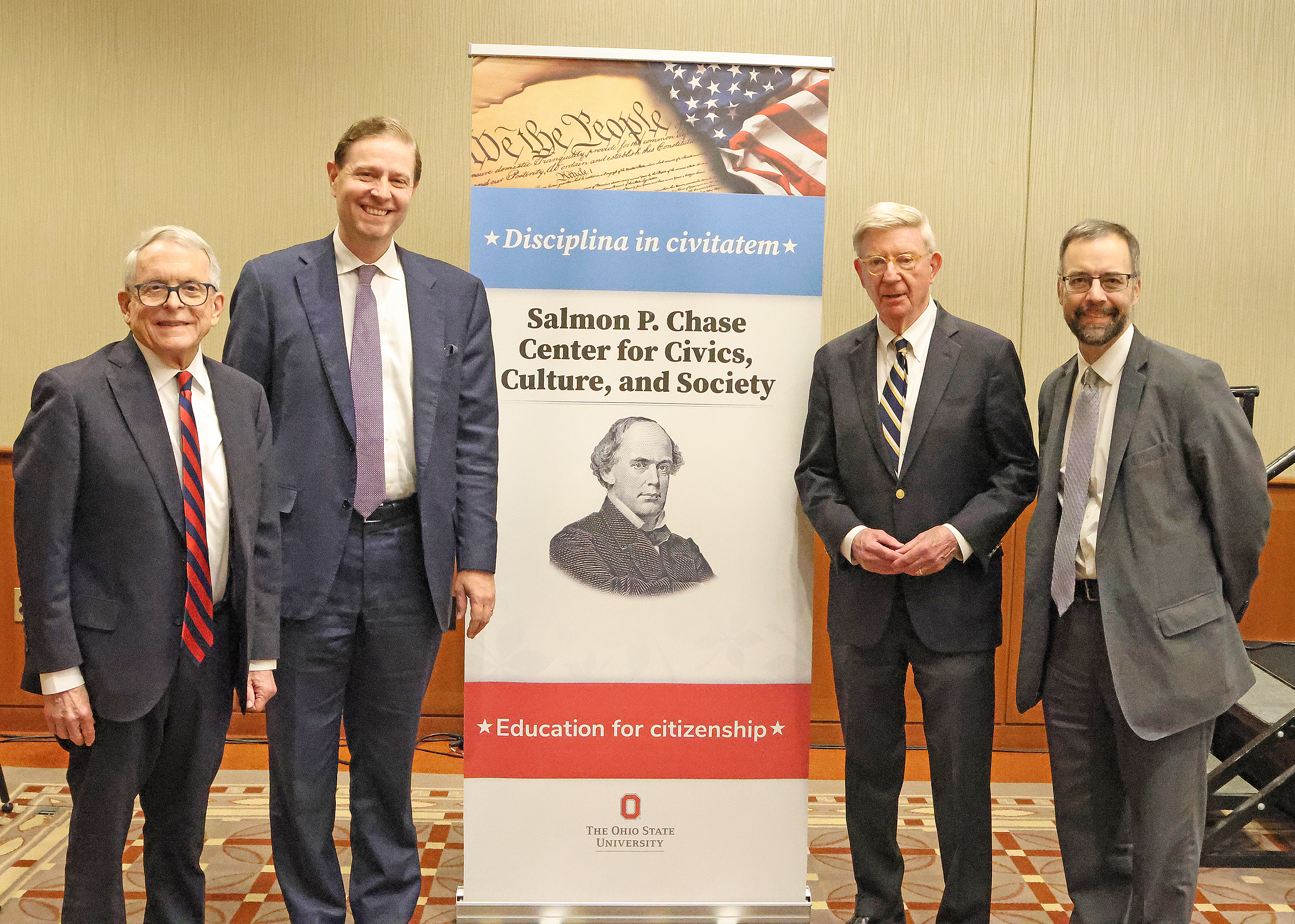 Governor Mike Dewine, Chase Center Executive Director Lee Strang, George Will, and Chris Green