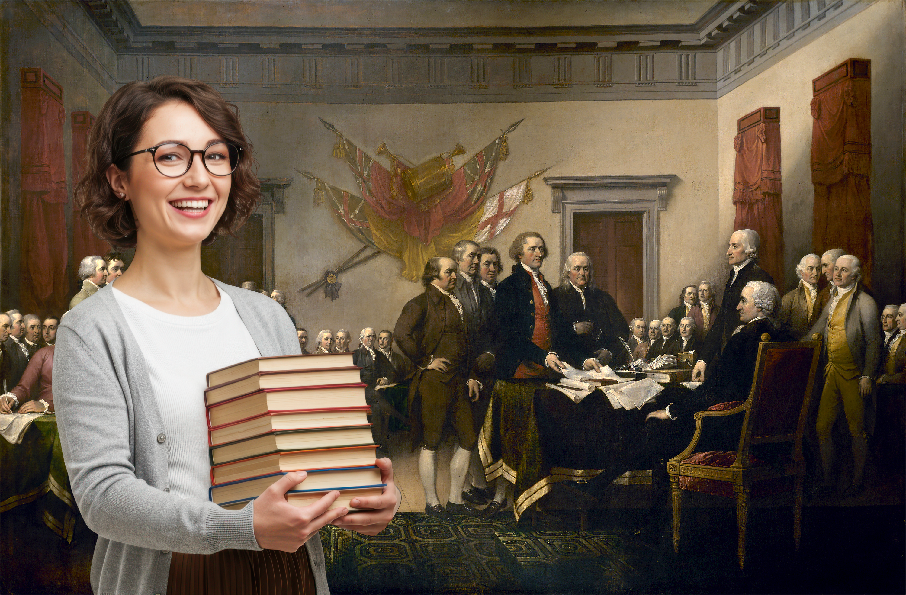 Female teacher holding books in front of founding fathers