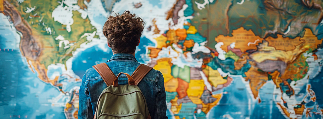 Student looking at world map