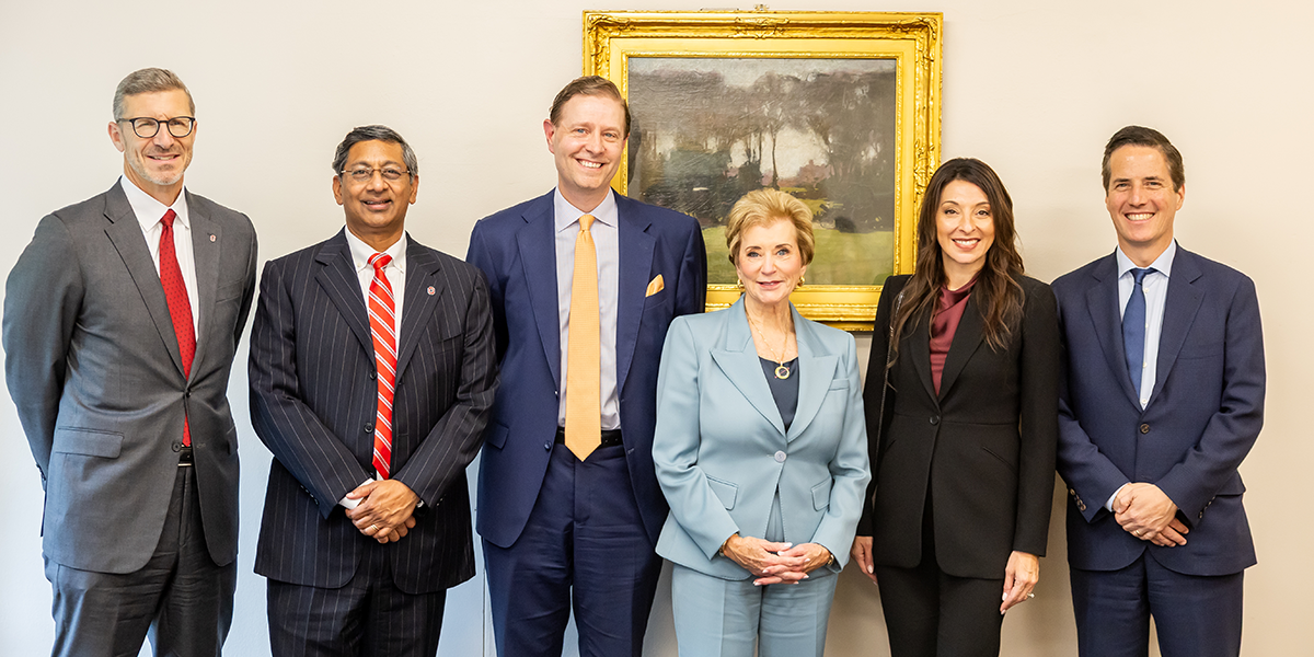 From right to left are Trevor Brown, Dean of the John Glenn College of Public Affairs; Ravi Bellamkonda, Ohio State Provost; Lee J. Strang, Executive Director of the Chase Center; U.S. Secretary of Education Linda McMahon; Erika Donalds, America First Policy Institute Chair of Education; and U.S. Senator Bernie Moreno