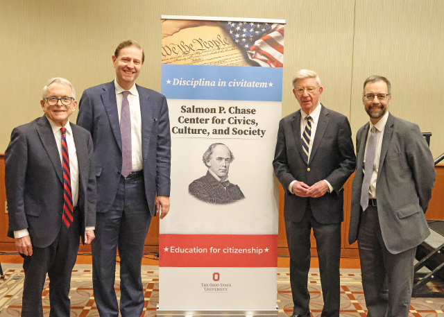 Governor Mike Dewine, Chase Center Executive Director Lee Strang, George Will, and Chris Green