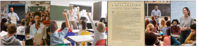 Teachers and students in classrooms, plus image of Declaration of Independence