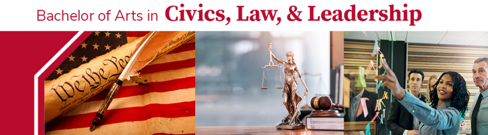 Banner showing the Constitution, Lady Justice, and an office meeting