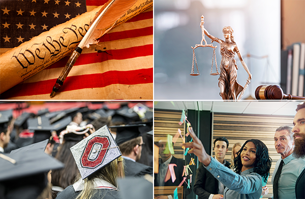 Collage including US Constitution, scales of justice, an Ohio State graduate's mortar board, and business professionals in a presentation