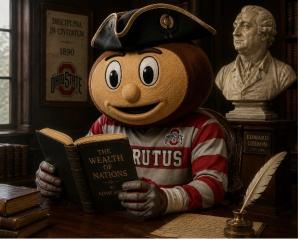 An AI generated image of Brutus reading the Wealth of Nations in an old fashioned room.